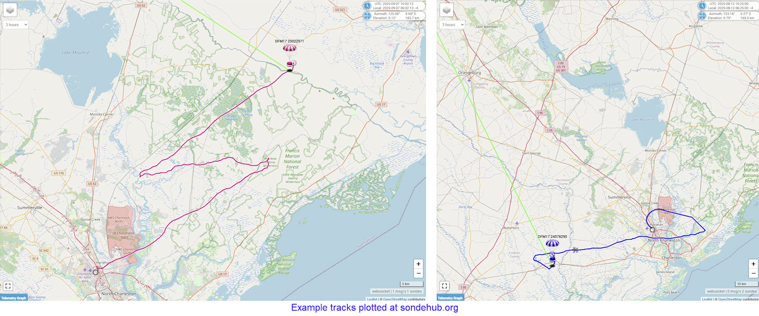 Example balloon tracks as plotted in real time at sondehub.org