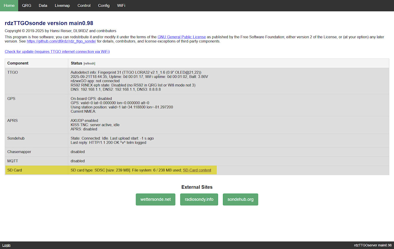 rdzTTGOsonde Home Screen