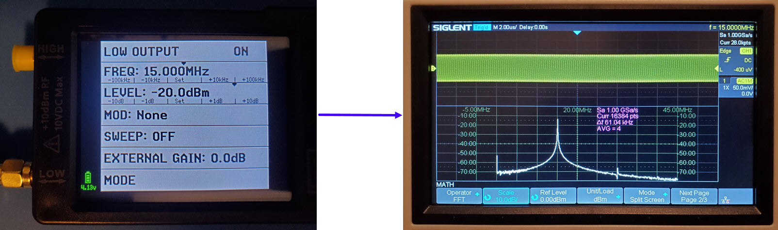 Example tinySA signal generator to oscilloscope