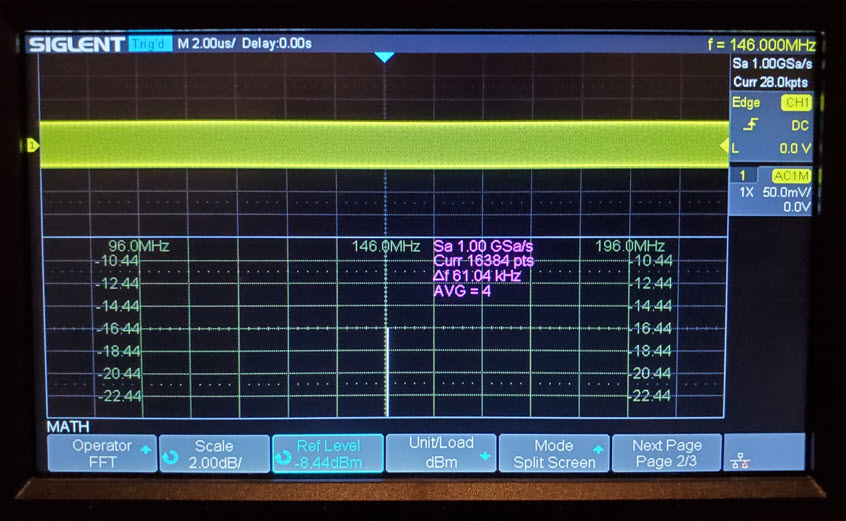 Fine scale oscilloscope reading at 146 MHz