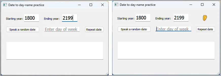 Date to day-name spoken practice application